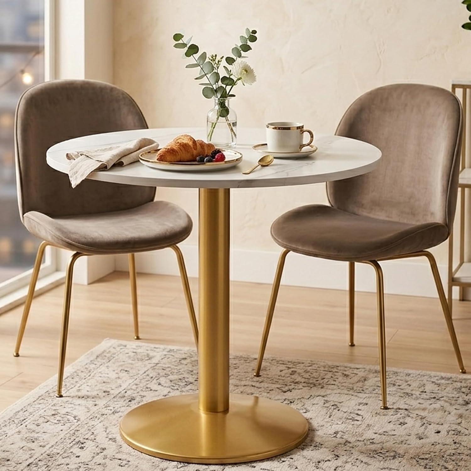 30 Inch Round Dining Table, Modern Tulip Bistro Table with White Faux Marble Top and Weighted Gold Pedestal Base, Small Kitchen Table for 2-4 People, Mid Century Style for Dining Room, Cafe, Office
