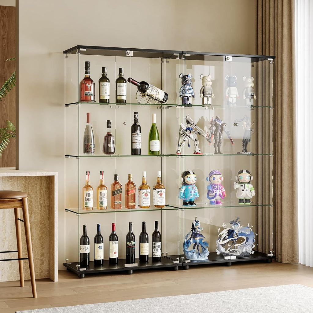 Glass Display Cabinet with 4-Shelf Double Door and Lock, 5mm Tempered Glass