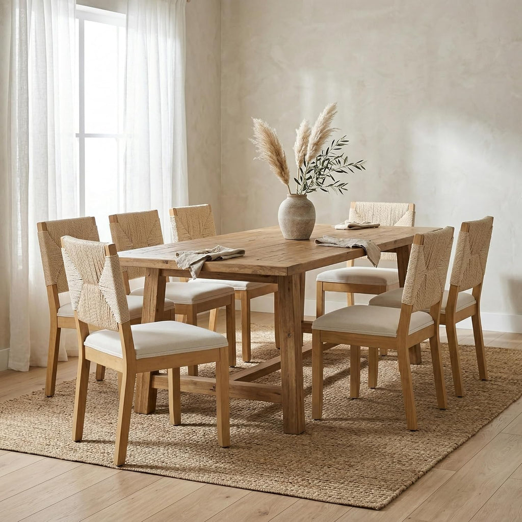 Dining Chairs Set of 4, Modern Farmhouse Dining Room Chairs with Rope Woven Square Back, Linen Upholstered Seat & Solid Wood Frame, Sillas de Comedor, Boho Kitchen & Dining Room Chairs (Beige, 4Pcs)