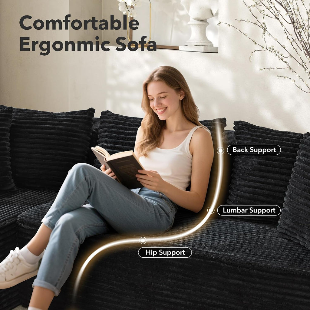 106" L Shaped Modular Cloud Sectional Sofa with Cushions, Black | 4-in-1 DIY Combination, Ultra-Wide Corduroy Fabric, No Assembly Required, Right Hand Facing Couch for Living Room