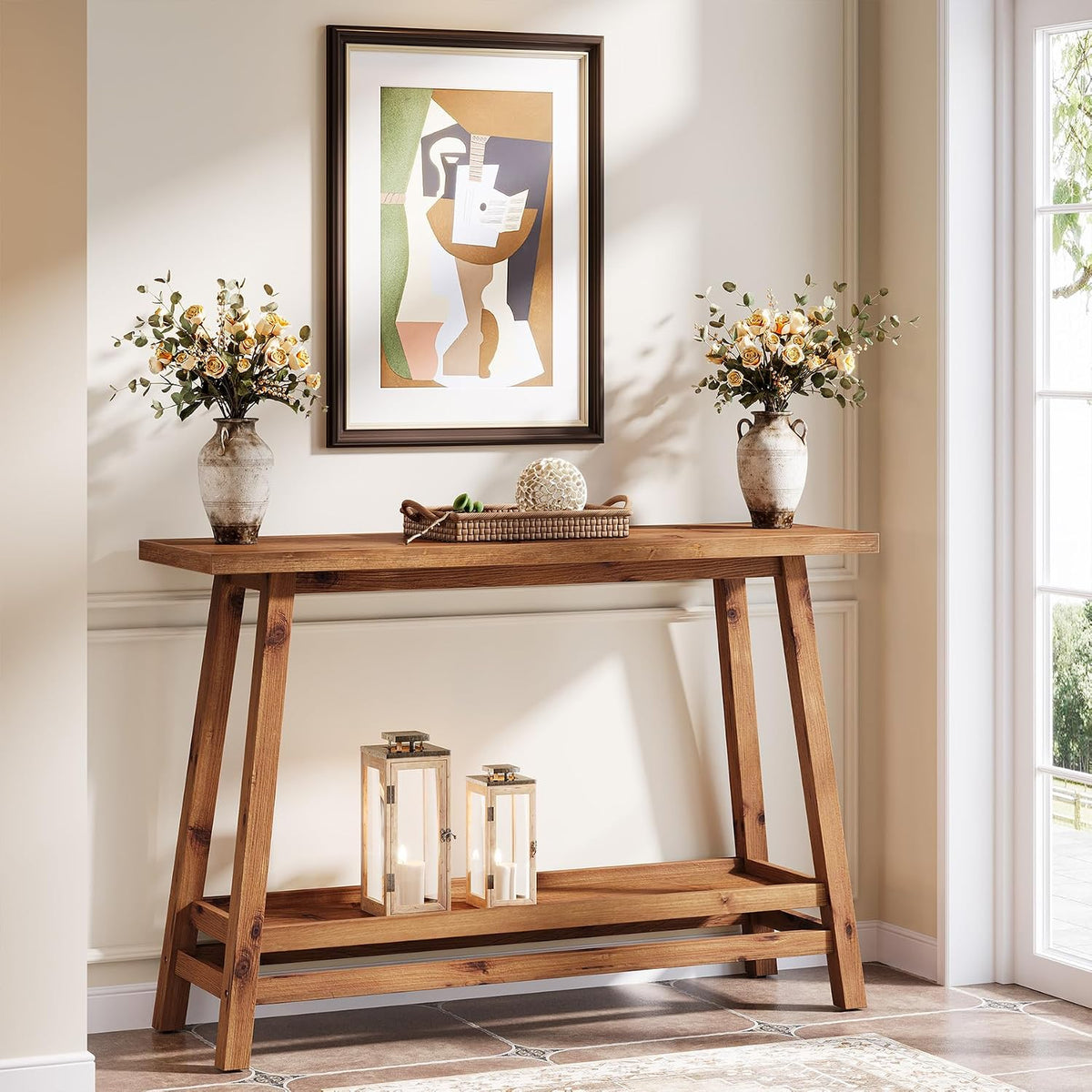 41.3" Farmhouse Console Table, Solid Wood Entryway Table with Storage Shelf, 2 Tiers of Narrow Behind Couch Sofa Furniture for Living Room, Hallway, Foyer, Easy Assembly