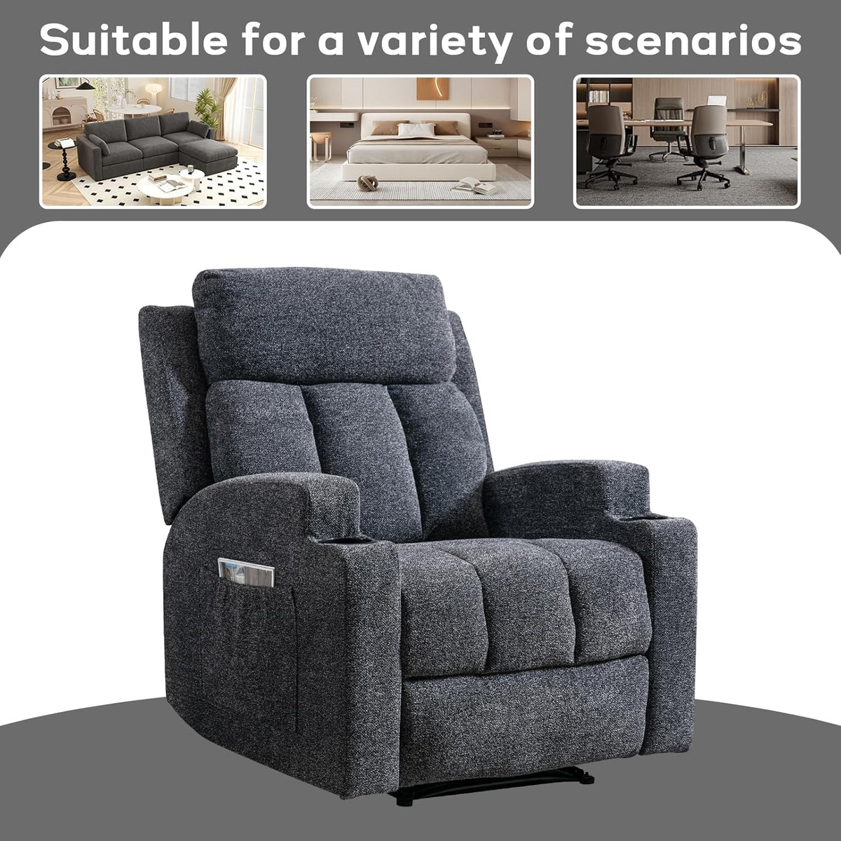 CANMOV Manual Recliner Chair with Massage and Heat, Soft Fabric Recliner Chair with Overstuffed Arm and Back, Manual Reclining Single Sofa with 2 Cup Holders, Side Pocket for Living Room, Dark Grey