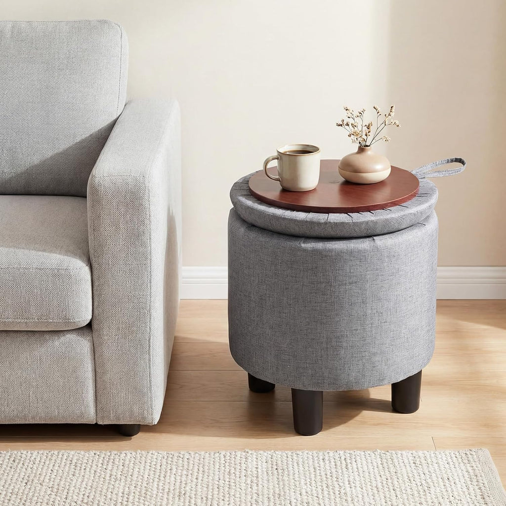 GIANTEX Round Storage Ottoman with Removable Lid & Sturdy Legs, Gray | Linen Fabric Upholstered Ottoman Foot Stool, Small Foot Rest for Living Room, Bedroom