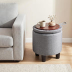GIANTEX Round Storage Ottoman with Removable Lid & Sturdy Legs, Gray | Linen Fabric Upholstered Ottoman Foot Stool, Small Foot Rest for Living Room, Bedroom