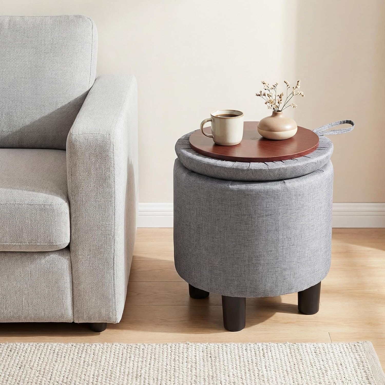 GIANTEX Round Storage Ottoman with Removable Lid & Sturdy Legs, Gray | Linen Fabric Upholstered Ottoman Foot Stool, Small Foot Rest for Living Room, Bedroom