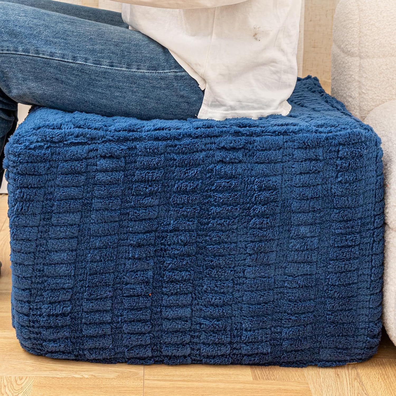 Round Plush Ottoman Pouf Stuffed– Fluffy Ottoman Foot Rest with Modern Foam Filler 20" x 14" Cozy Floor Pouf for Living Room & Bedroom (Navy Blue)