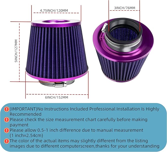 Universal Clamp-On Air Intake Filter, High Performance, Washable Filter, Replacement Air Filter, Flange Diameter 3inch/76mm (Purple)