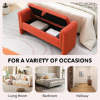 NIOIIKIT 52" Storage Ottoman Bench, Teddy Upholstered Storage Bench with Armrest, Entryway Bench with Pull-Ring, End of Bed Bench, Window Bench for Living Room (Orange)