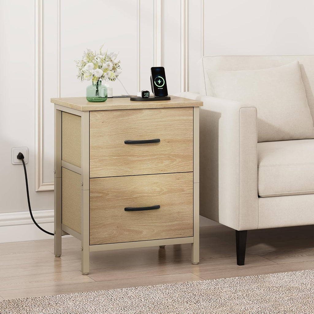 Vagusicc Nightstand Set of 2 with Charging Station, End Table Bedside Table with Power Outlet & USB Ports, Side Table with 2 Fabric Drawers for Bedroom, Living Room, Natural