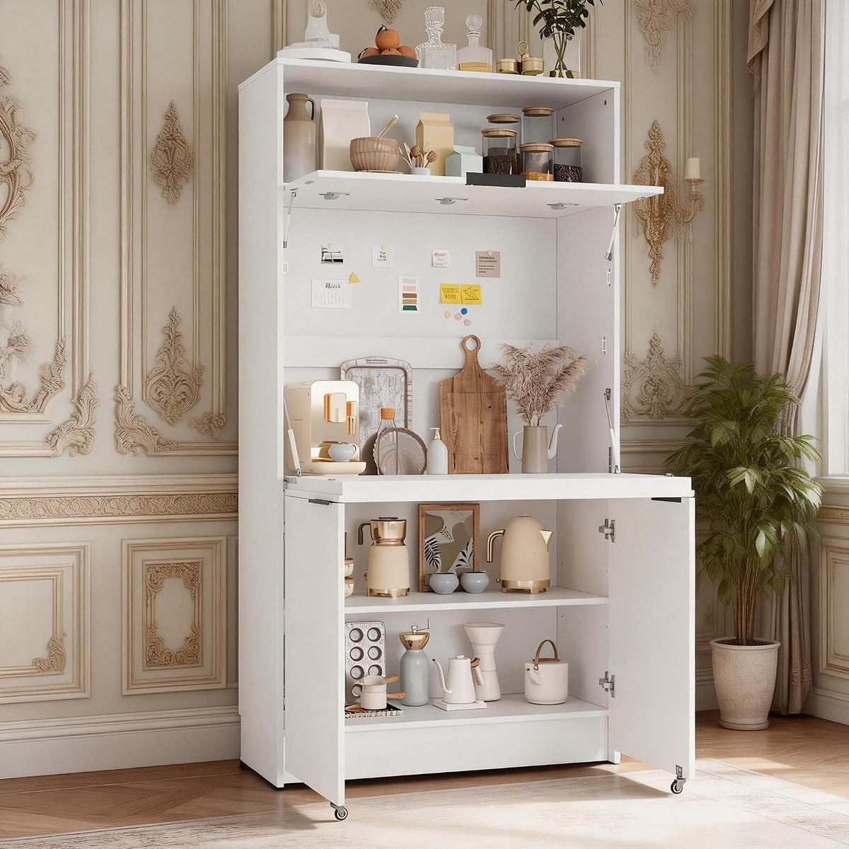 Tall Pantry Cabinet with Power Outlet, Multifunctional Cupboard with Adjustable Shelf, Hutch and Foldable Workstation for Dining Room, Living Room (White)