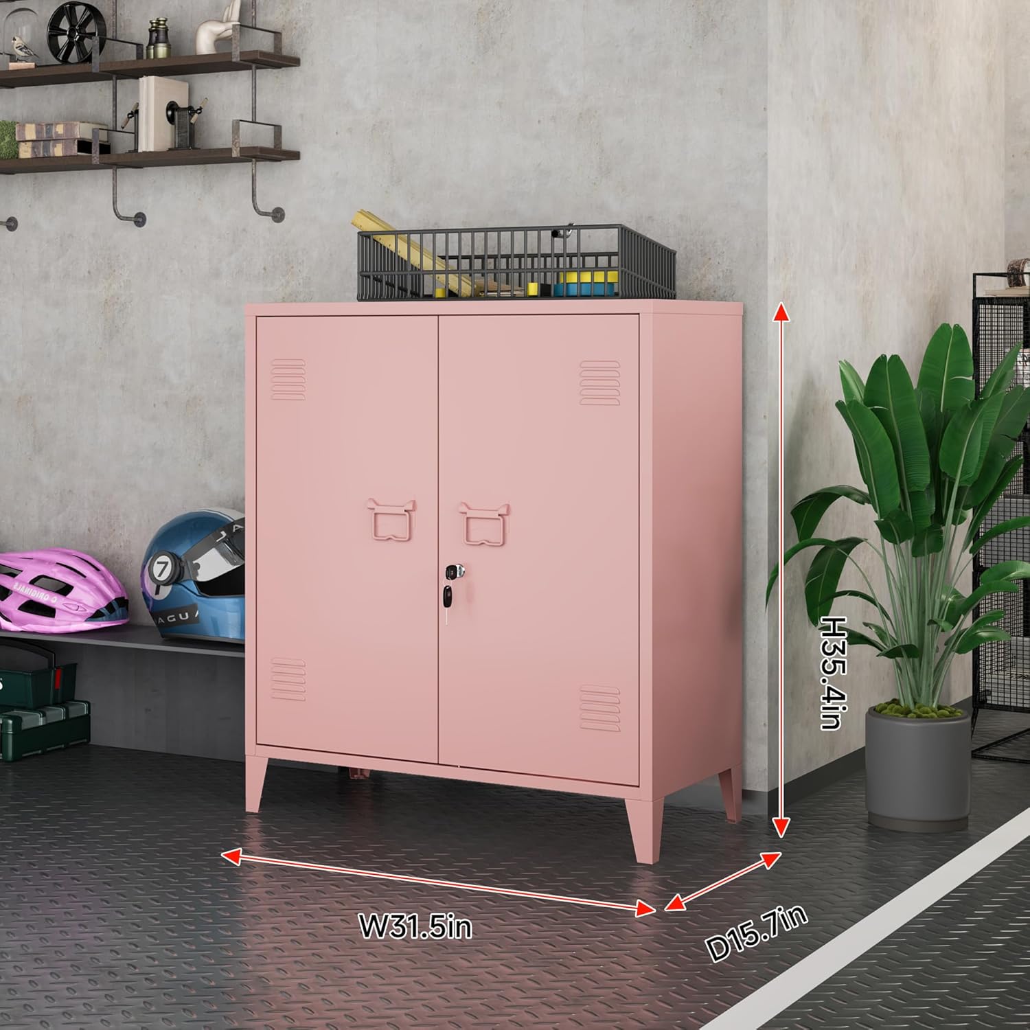 Locking Storage Cabinet Garage Metal Storage Cabinet with 2 Adjustable Shelves and Doors, Storage Cabinet with Lock & Keys for Home School Office (Pink)