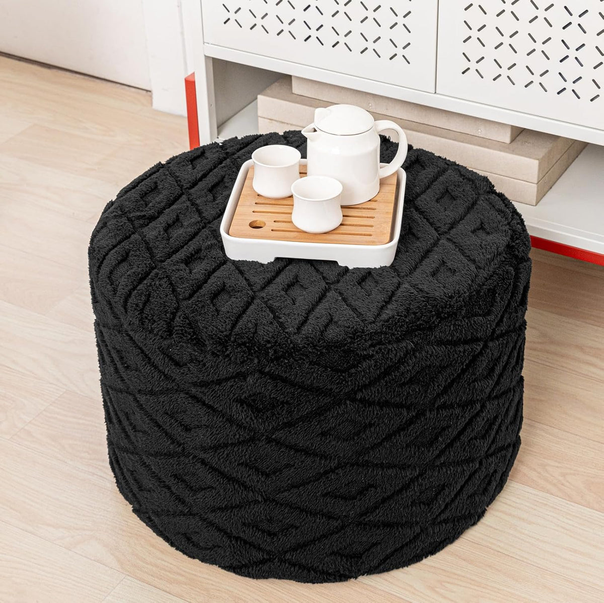Round Ottoman Pouf,Foot Stools Ottoman,Foot Rest,Black,20x20x14In | All-in-One Foam Pouf,Ottoman Coffee Table,Couch Footrest,Footrest for Chair,Remov. Cover,Perfect for Living Room,Bedroom Dorm