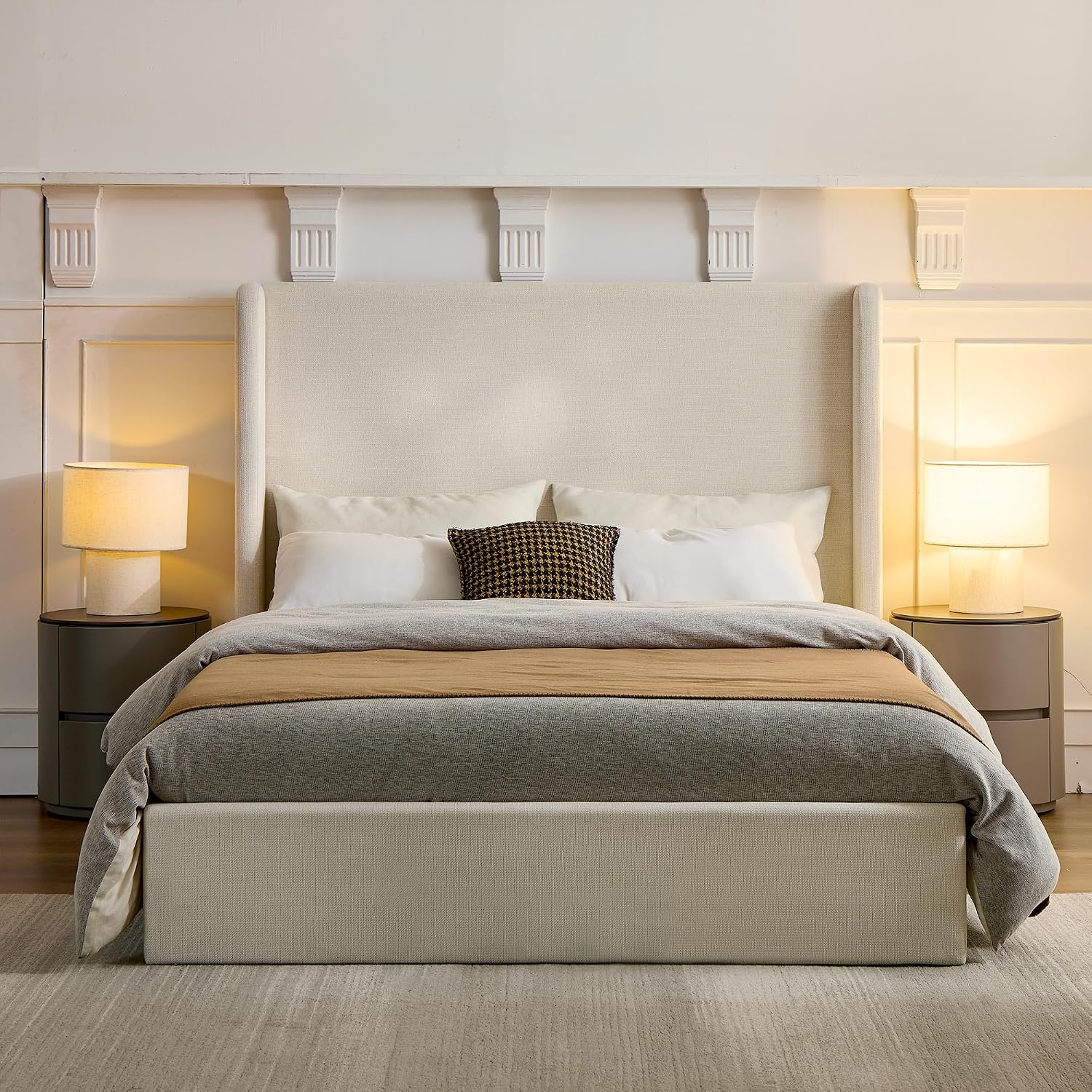 King Size Upholstered Platform Bed Frame, 52.3" High Headboard Carmen Wingback Beds, Tall Headboard King Floor Bed Frames, No Box Spring Needed No Noise, Minimalist, Textured Ivory
