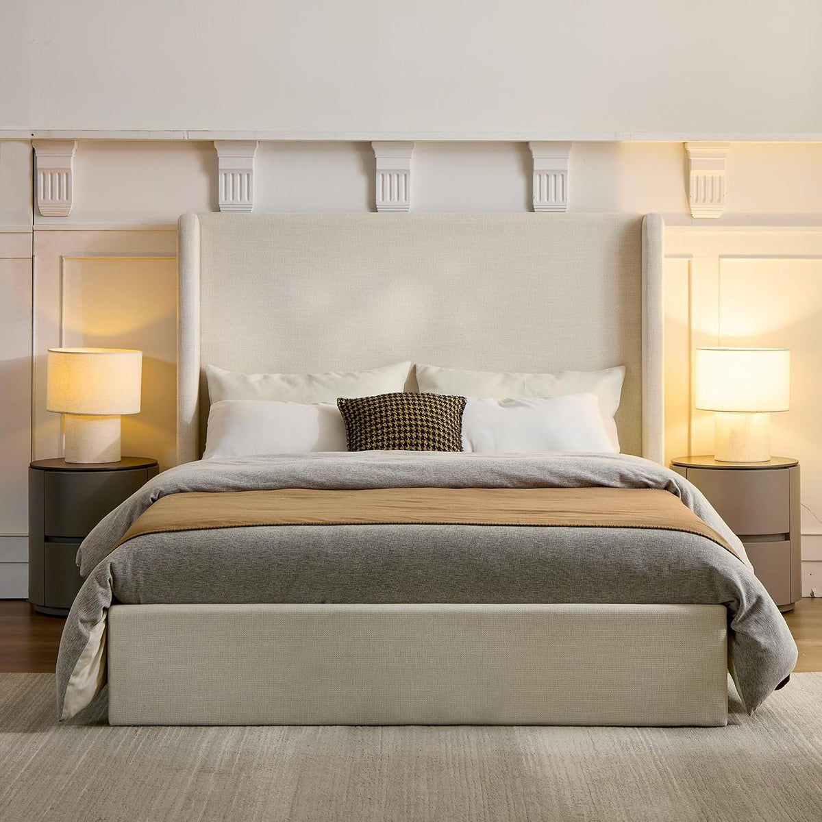 Full Size Upholstered Platform Bed Frame, 53.5" High Headboard Carmen Wingback Beds, Tall Headboard Floor Bed Frames, No Box Spring Needed No Noise, Minimalist, Textured Ivory
