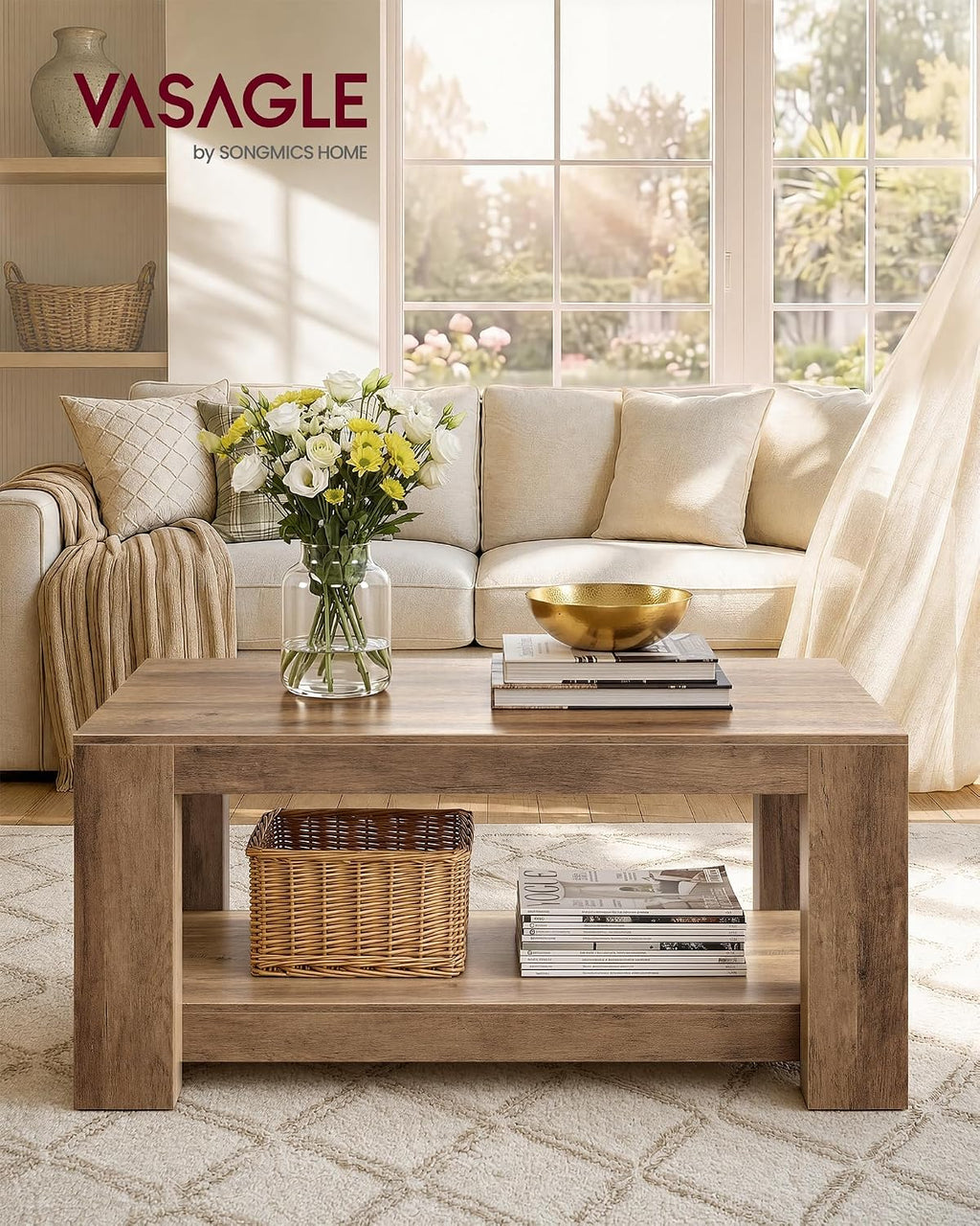 VASAGLE Coffee Table, 2-Tier Center Table with Rustic Charm and Clean Lines