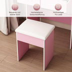Small Vanity Desk Set with Mirror and Adjustable LED Lights, Compact Pink Dressing Table with Built-in Power Outlet and Hidden Storage, Padded Stool & Shelf, Space-Saving Makeup Table for Bedrooms