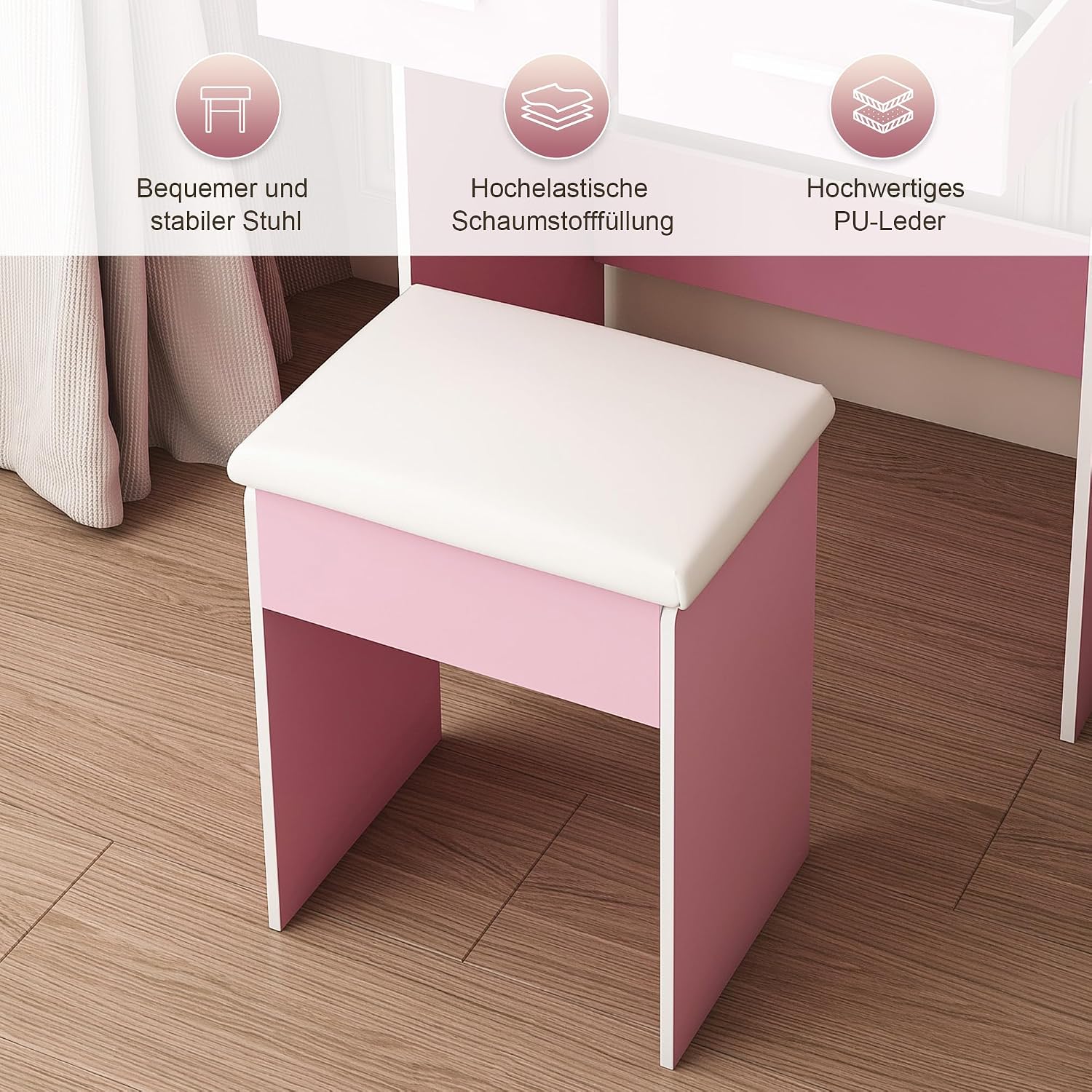 Small Vanity Desk Set with Mirror and Adjustable LED Lights, Compact Pink Dressing Table with Built-in Power Outlet and Hidden Storage, Padded Stool & Shelf, Space-Saving Makeup Table for Bedrooms