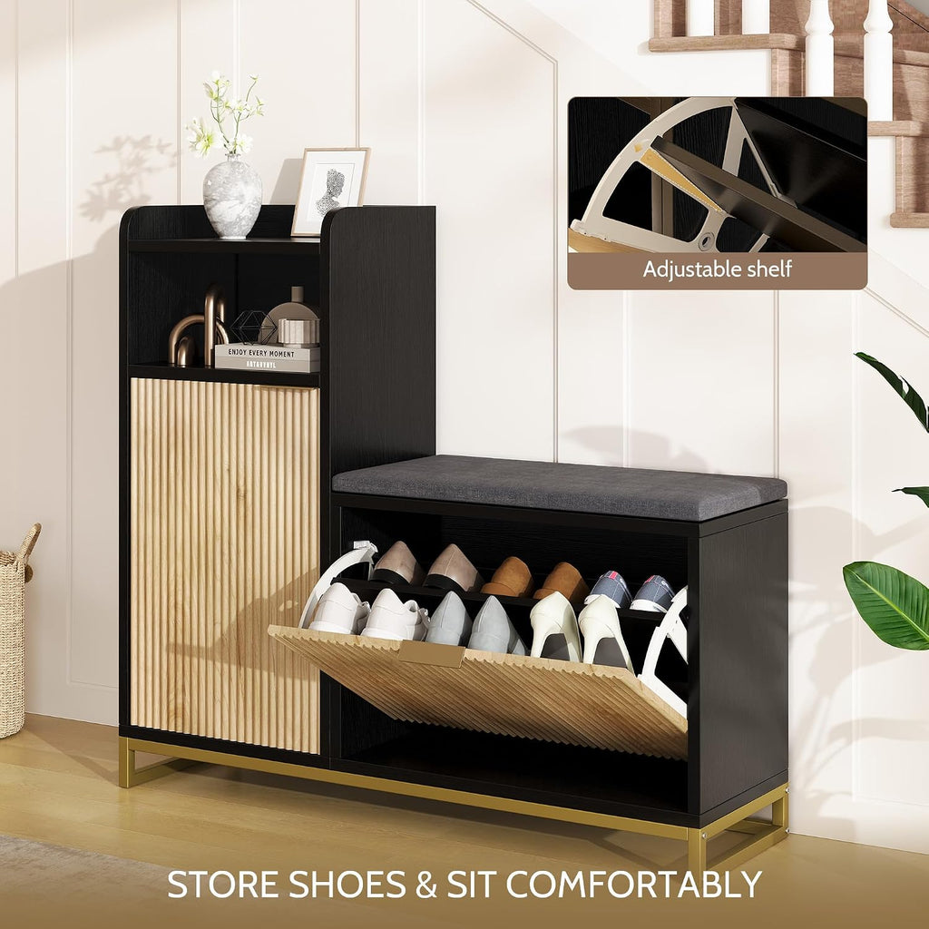 L-Shaped Shoe Storage Bench with Cushioned Seat & 2 Flip Drawer, 39'' Entryway Bench with Wave Door & Adjustable Shelves, Farmhouse Bench Cabinet for Entryway, Hallway (Natural & Black)