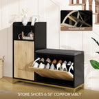 L-Shaped Shoe Storage Bench with Cushioned Seat & 2 Flip Drawer, 39'' Entryway Bench with Wave Door & Adjustable Shelves, Farmhouse Bench Cabinet for Entryway, Hallway (Natural & Black)