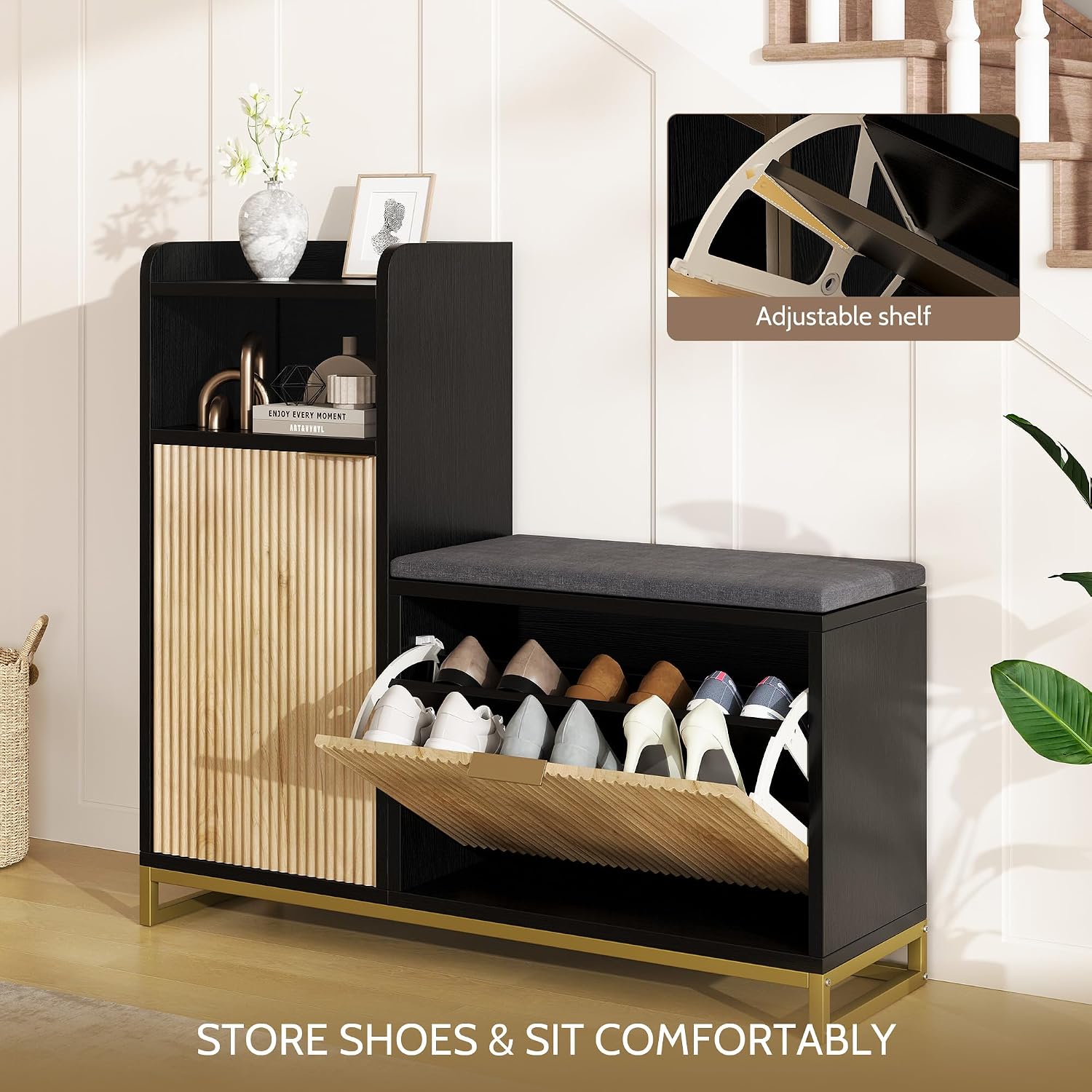 L-Shaped Shoe Storage Bench with Cushioned Seat & 2 Flip Drawer, 39'' Entryway Bench with Wave Door & Adjustable Shelves, Farmhouse Bench Cabinet for Entryway, Hallway (Natural & Black)