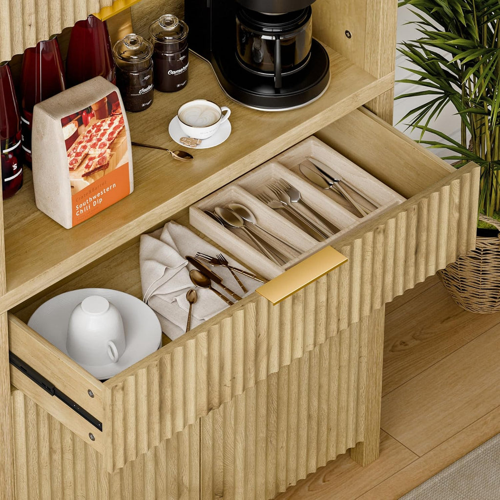 Lulive 71" Fluted Pantry Cabinet with Charging Station, Natrual | Adjustable Shelves, Open Countertop, Drawer, Spacious Kitchen Storage