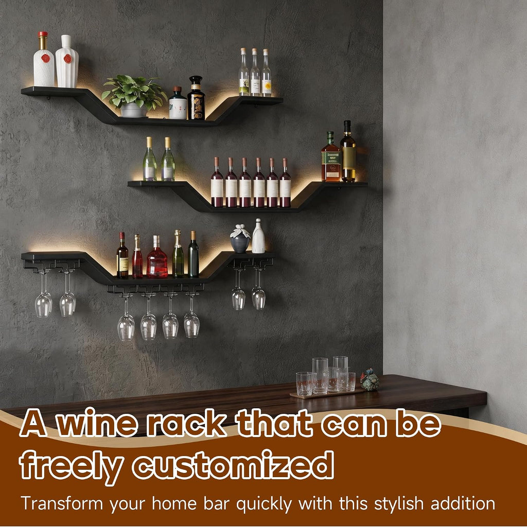 39.4in 3-Tier Floating Metal Wine Rack, Modern Wall Mounted Wine Shelf with LED Lights & Wine Glass Rack, Large Hanging Liquor Shelf Wall Mounted for Bar Home Dining Room Cafe Decorative, Black