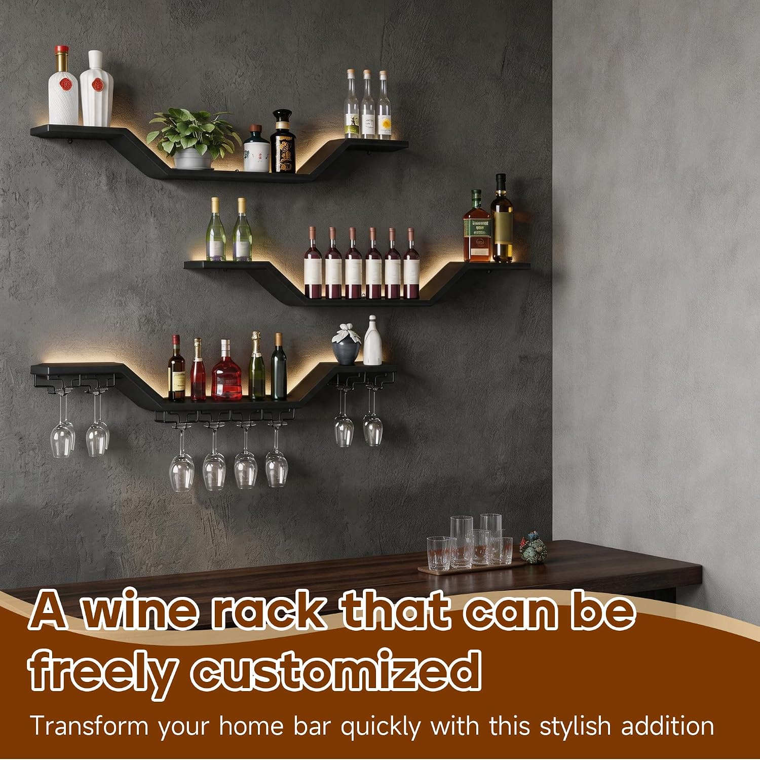39.4in 3-Tier Floating Metal Wine Rack, Modern Wall Mounted Wine Shelf with LED Lights & Wine Glass Rack, Large Hanging Liquor Shelf Wall Mounted for Bar Home Dining Room Cafe Decorative, Black