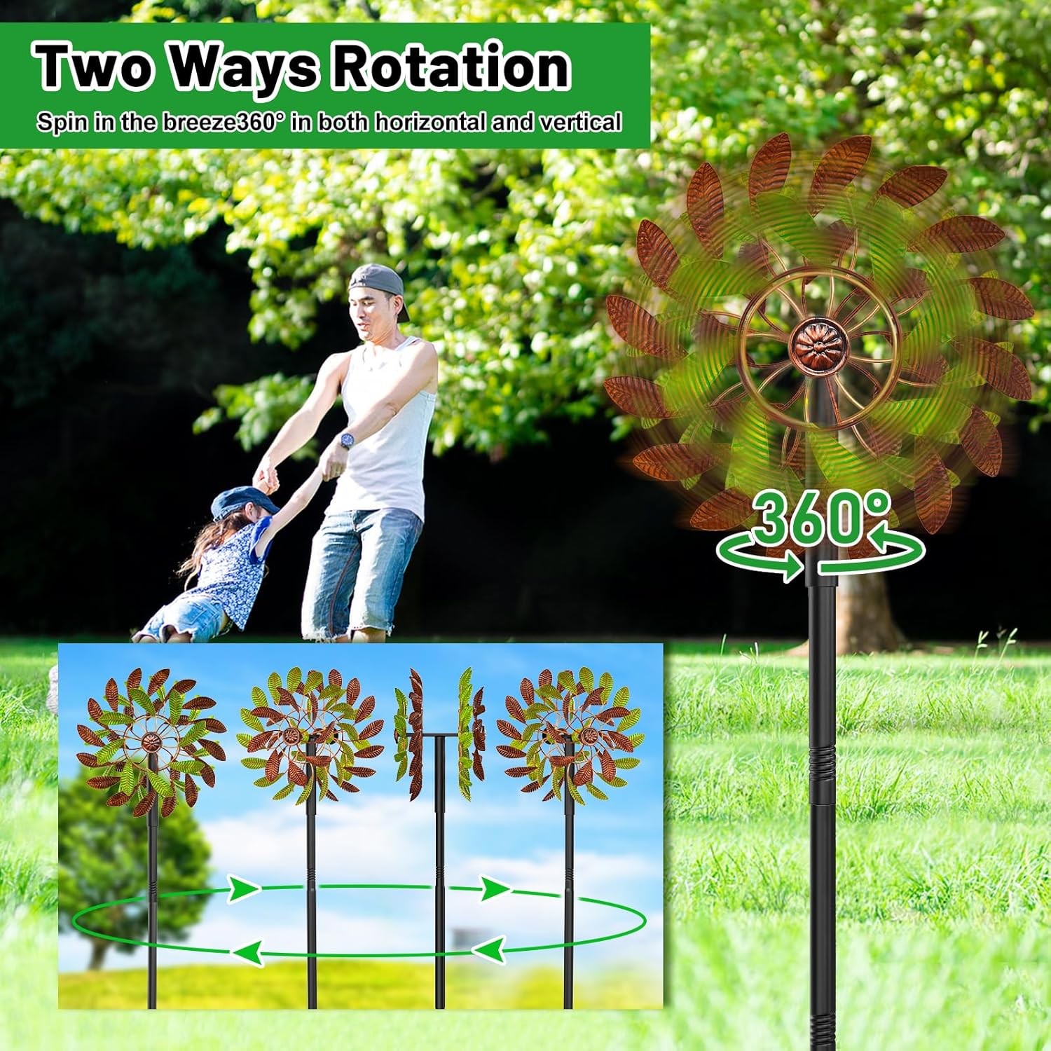 Metal Garden Wind Spinners Outdoor, 360 Degrees Kinetic Yard Windmills Garden Decor for Outside, Wind Sculptures & Spinners for Lawn Patio Ornaments(Brown+Green)