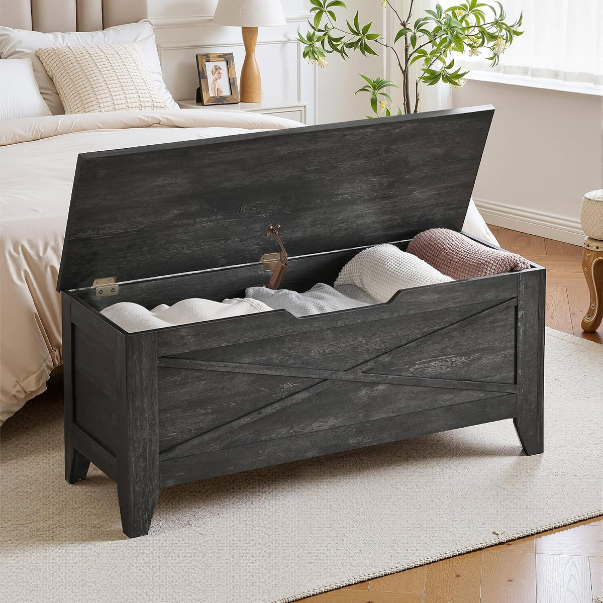 VECELO 43.3" Storage Bench with Handwoven Wicker Cushion, Lift Top Shoe Bench with Safety Hinges, Ideal for Entryway, Bedroom, Living Room, Gray