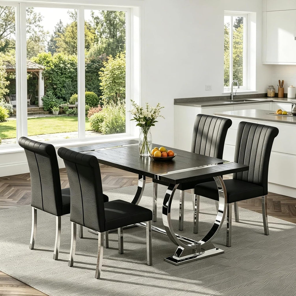 Asday Black Wood Dining Table for 4-6, 60 Inch Modern Luxury Kitchen Table with Silver Polished Stainless Steel Base, Farmhouse Rectangular Dining Room Table for Kitchen, Living Room, Apartment