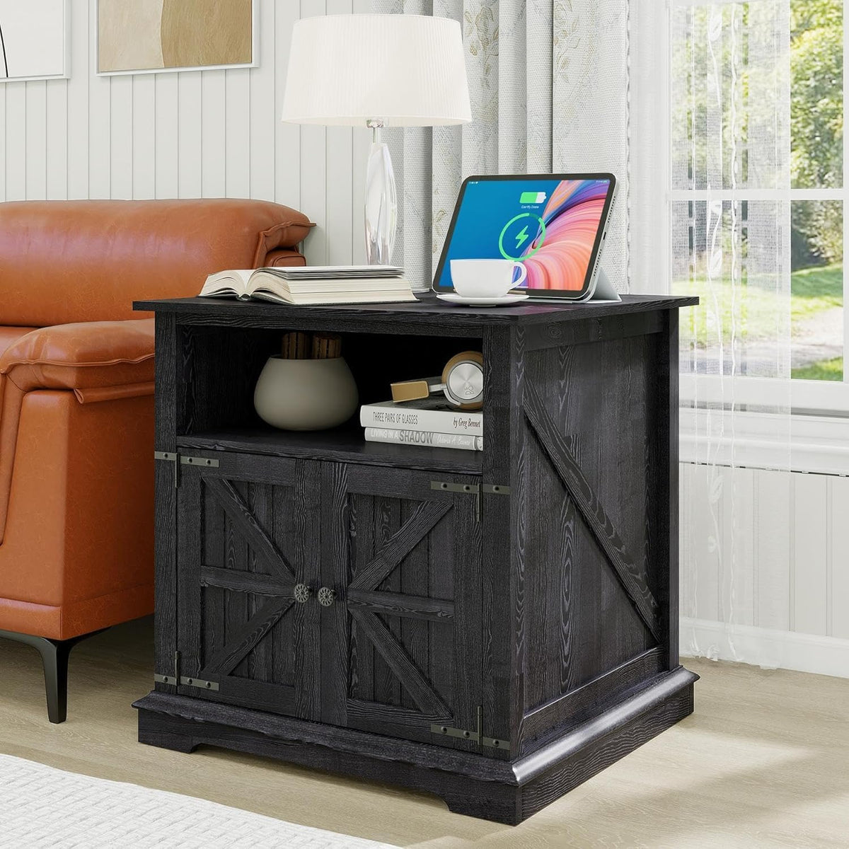 MUUEGM End Table with Charging Station, 24 Inch Farmhouse Sofa Side Tables Living Room, Wood Rustic Nightstand Large Bedside Table with Barn Door for Bedroom, Black