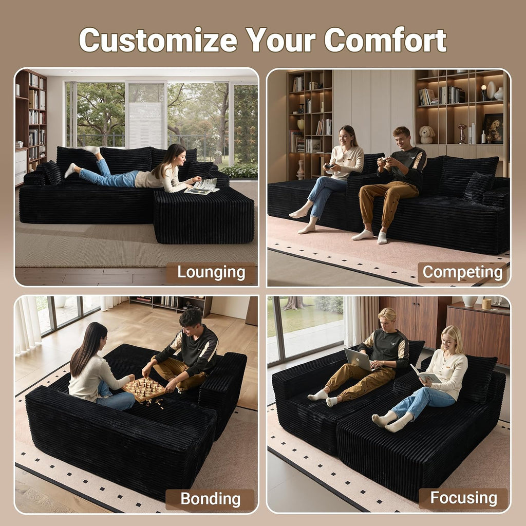 96" Cloud Sectional Couches for Living Room, L Shaped Couch with Deep Seat, Memory Foam Sofa in A Box No Assembly Required, Black