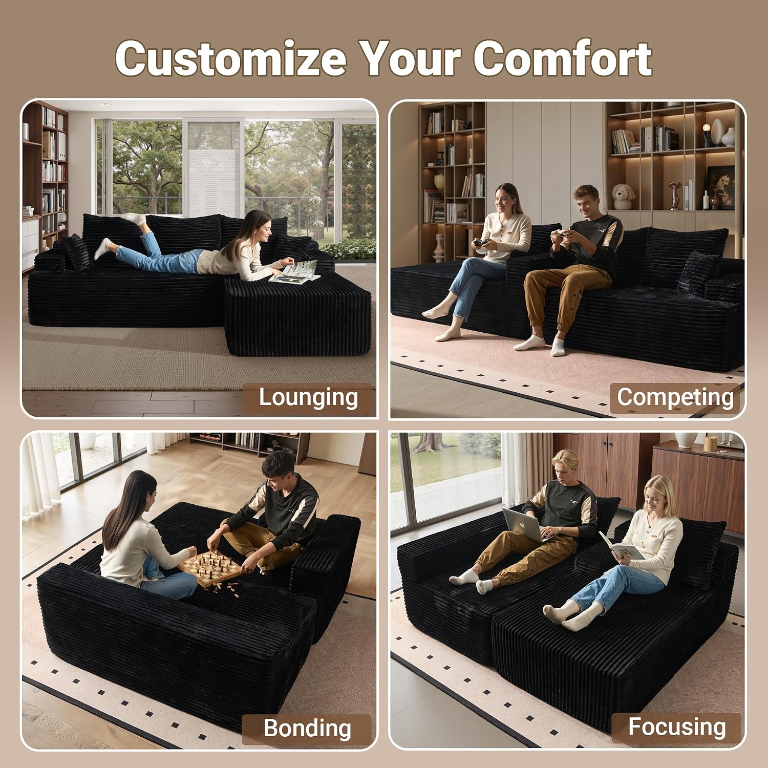 96" Cloud Sectional Couches for Living Room, L Shaped Couch with Deep Seat, Memory Foam Sofa in A Box No Assembly Required, Black