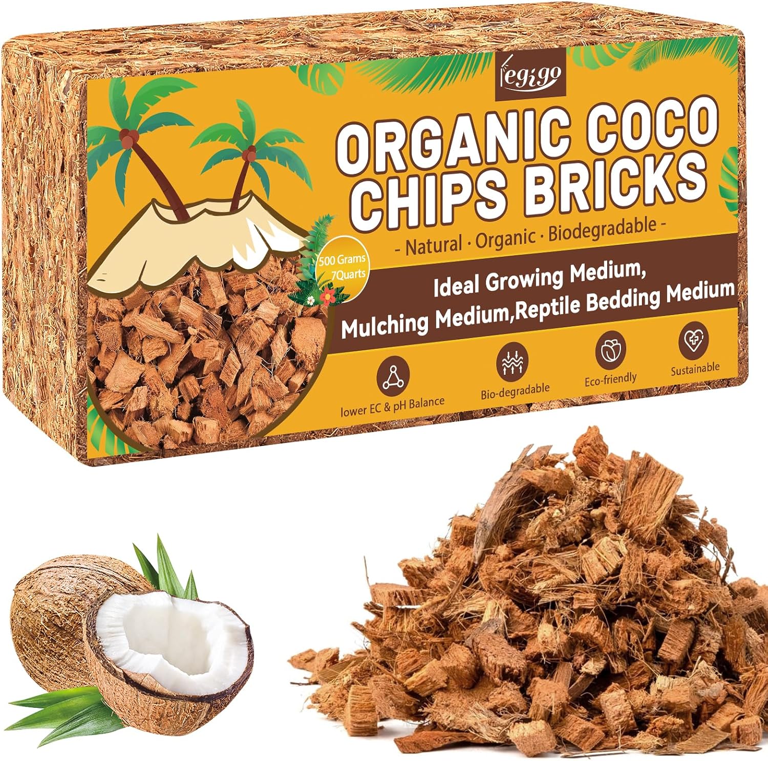 Legigo 1.1 LB Coco Husk Chips for Plants- 100% Organic Coconut Coir Chips Brick with Low EC & PH Balance, Compressed Coconut Substrate Coco Chips Mulch Medium for Garden, Flowers, Plants