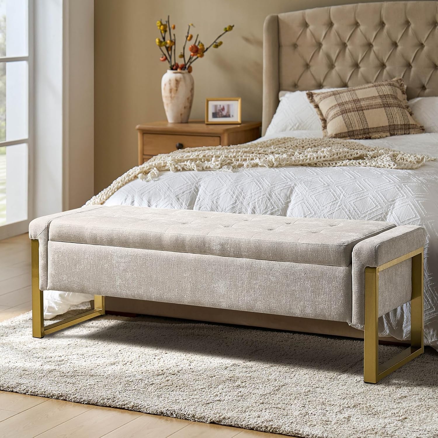 Modern Storage Ottoman Bench with Gold Metal Legs Upholstered Footrest End-of-Bed Bench with Hidden Storage, Hallway and Entryway Beige