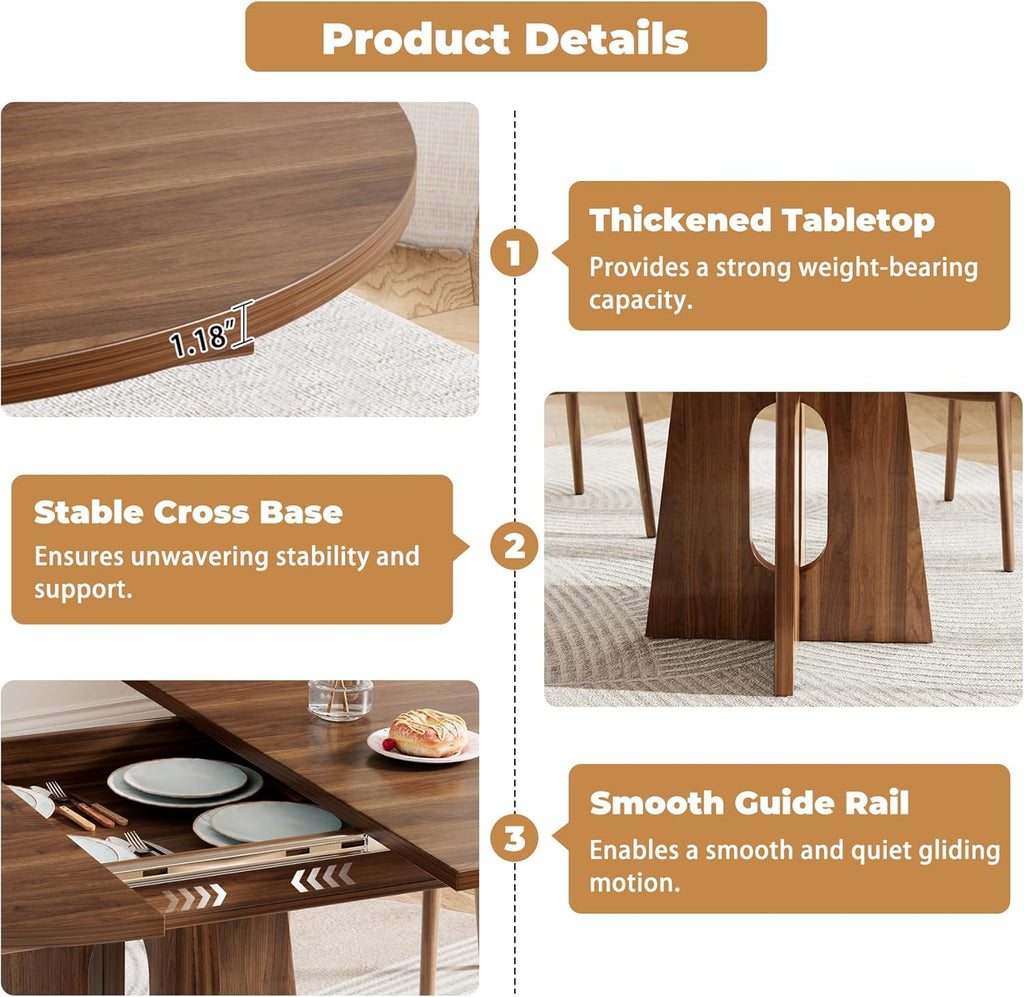 Epecoya 59-Inch Extendable Round to Oval Pedestal Dining Table, Farmhouse Wood Kitchen Table for 4-6 People, Space-Saving Expandable Dinner Table with Heavy Cross Base, Dark Brown Walnut