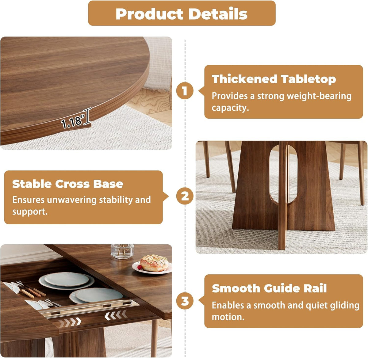 Epecoya 59-Inch Extendable Round to Oval Pedestal Dining Table, Farmhouse Wood Kitchen Table for 4-6 People, Space-Saving Expandable Dinner Table with Heavy Cross Base, Dark Brown Walnut