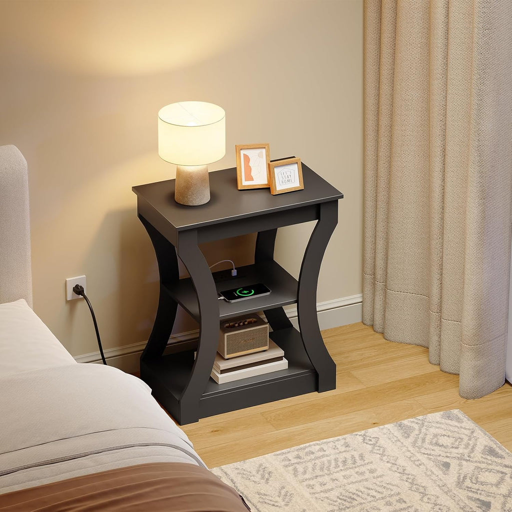 MAHANCRIS Black End Table with Charging Station, Skinny Side Table with USB Ports and Outlets, Nightstand, 3 Tier Bedside Table with Storage Shelf for Living Room, Bedroom, Small Space, ETBK53E01