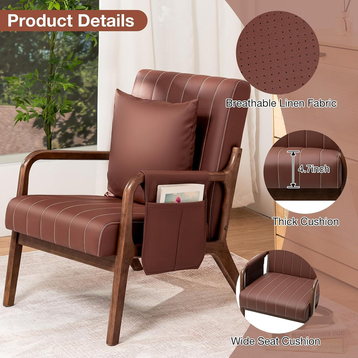 HOMMPA Mid-Century Modern Accent Chair, Comfy Reading Armchair with Solid Wood Frame & Lumbar Pillow, Upholstered Linen Lounge Chair with Side Pocket for Living Room, Bedroom,Balcony (Brown)