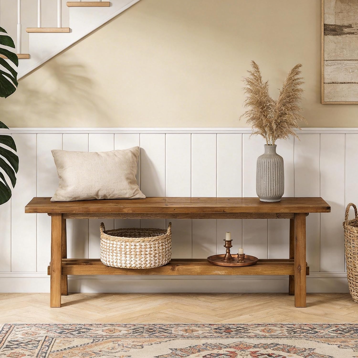 55" Farmhouse Wood Bench, 2-Tier Rustic Kitchen Dining Seat, Indoor End of Bed Bench for Kitchen, Dining Room, Living Room, Hallway, Bedroom
