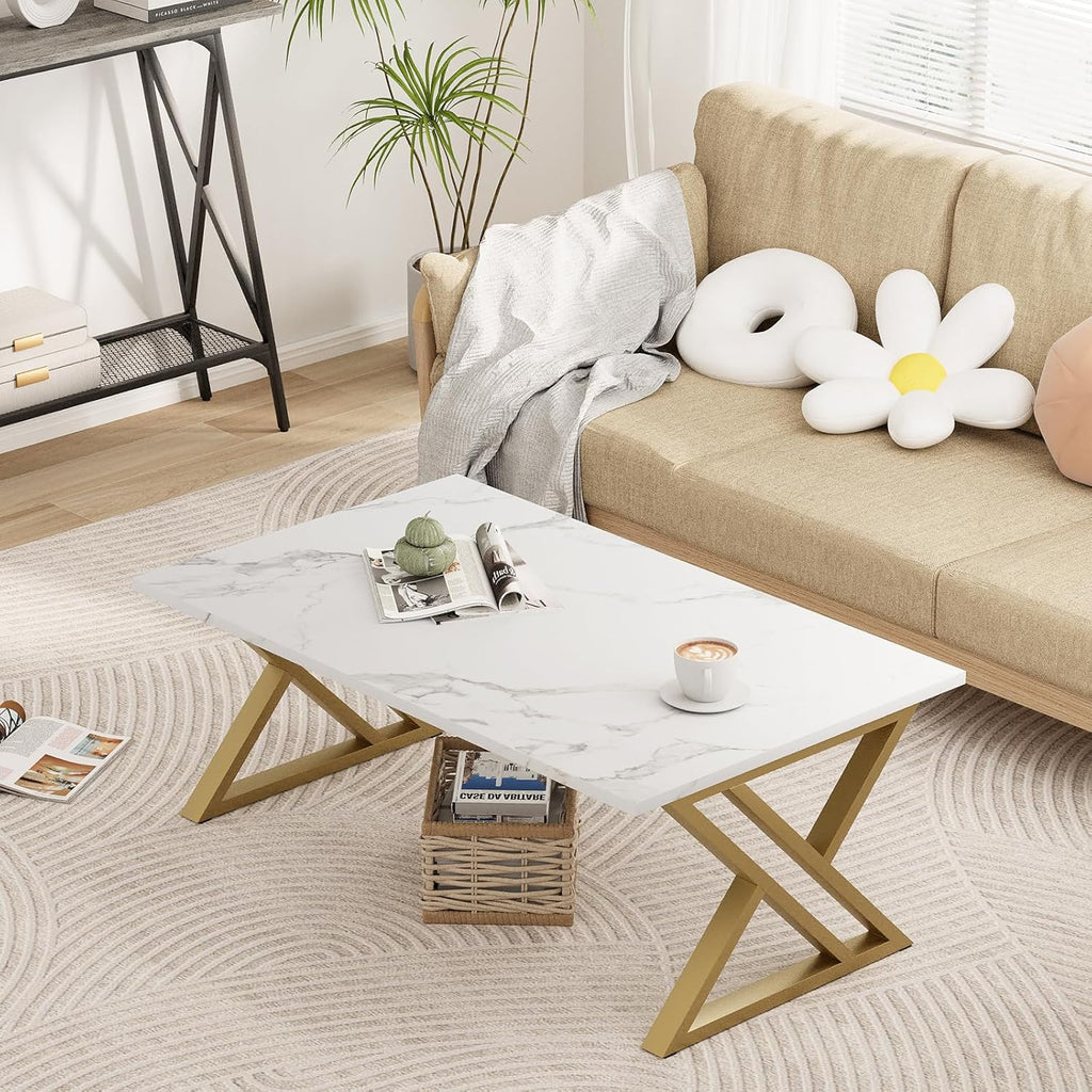 Wolawu Coffee Table Living Room Table White Center Table, Modern Faux Marble Rectangular Tea Tables with Sturdy Gold Metal Frame,Industrial Wooden Coffee Table for Bedroom Home Office