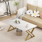 Wolawu Coffee Table Living Room Table White Center Table, Modern Faux Marble Rectangular Tea Tables with Sturdy Gold Metal Frame,Industrial Wooden Coffee Table for Bedroom Home Office