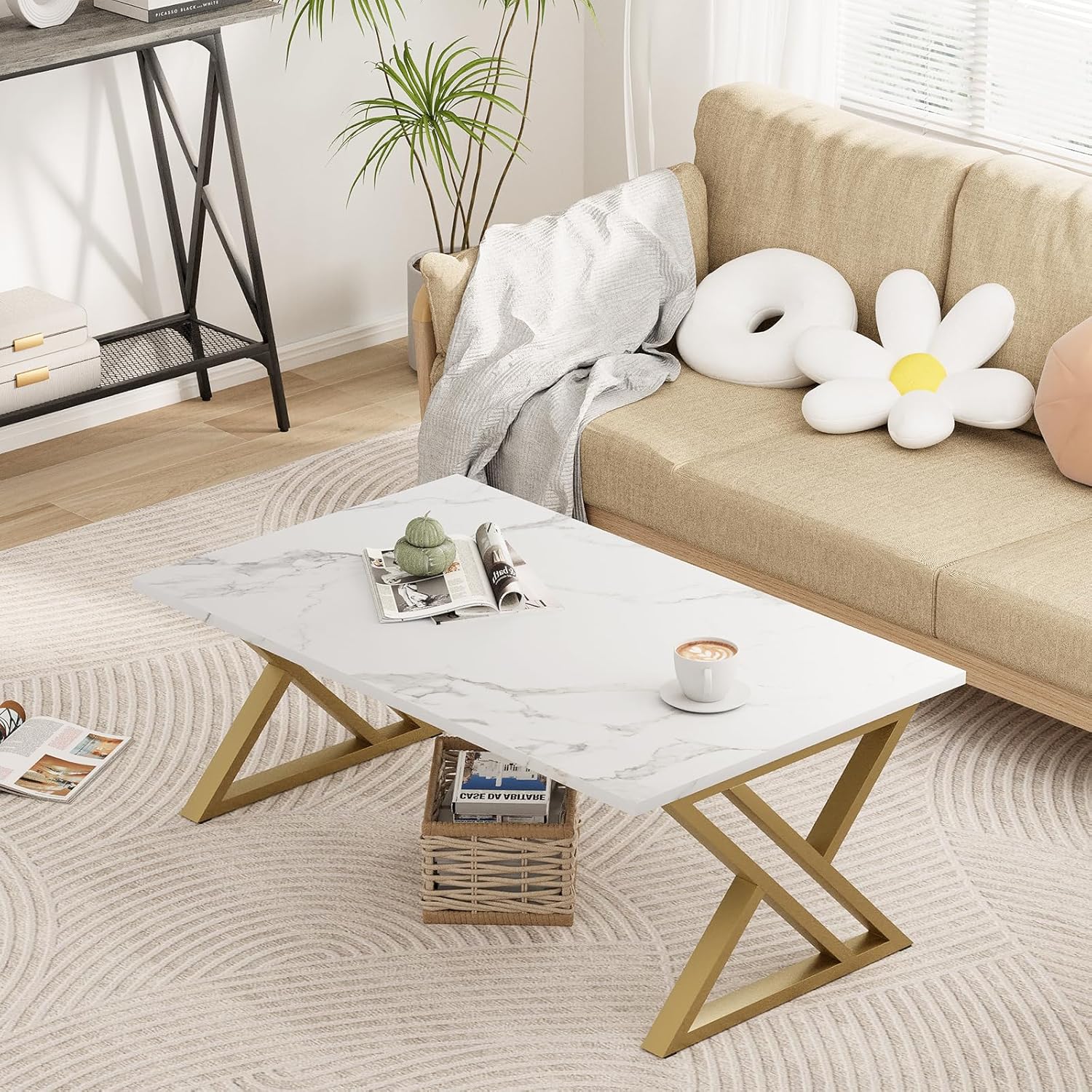 Wolawu Coffee Table Living Room Table White Center Table, Modern Faux Marble Rectangular Tea Tables with Sturdy Gold Metal Frame,Industrial Wooden Coffee Table for Bedroom Home Office