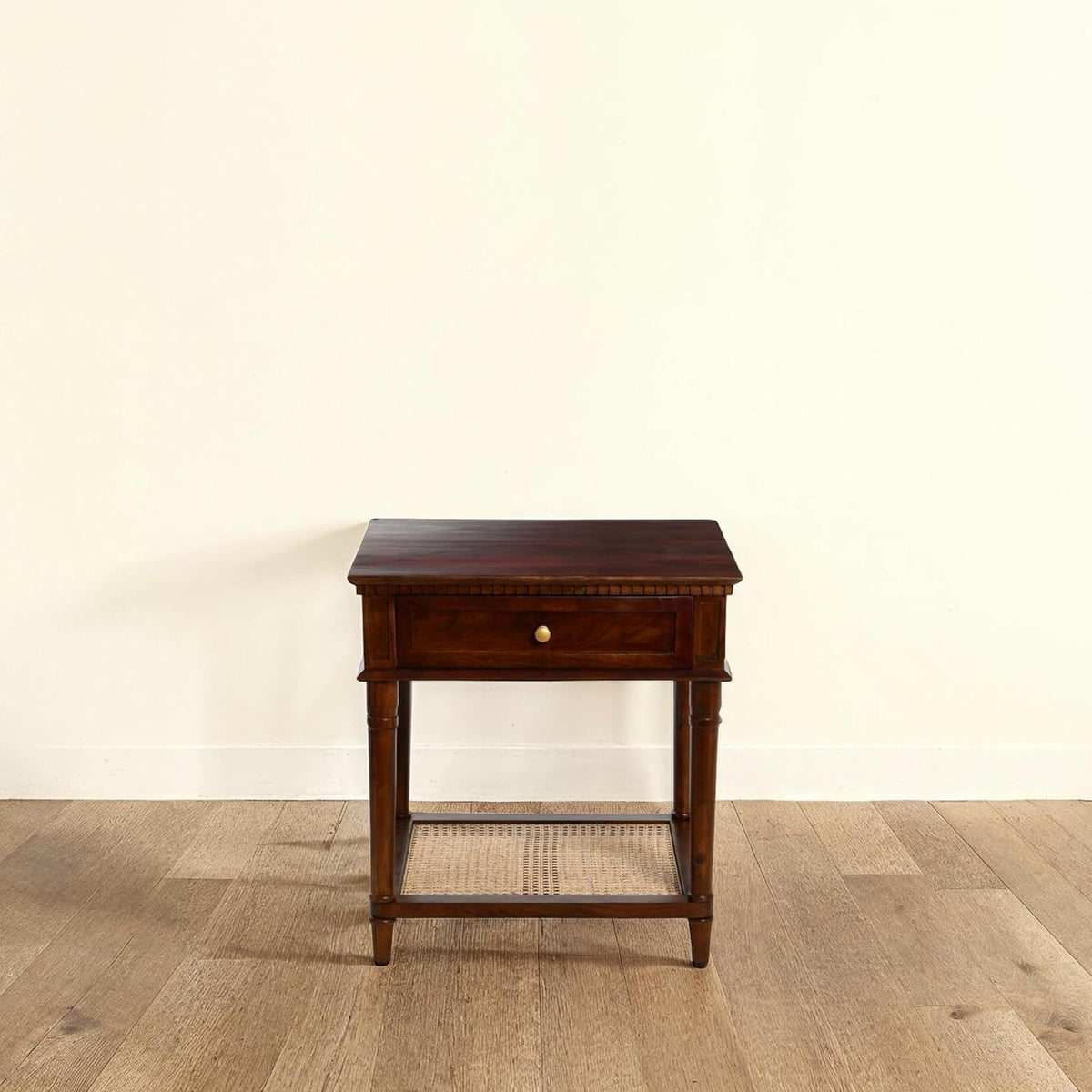 Creative Co-Op Maxwelton Solid Wood End Table with Drawer and Woven Cane Storage Shelf, Dark Chestnut and Natural