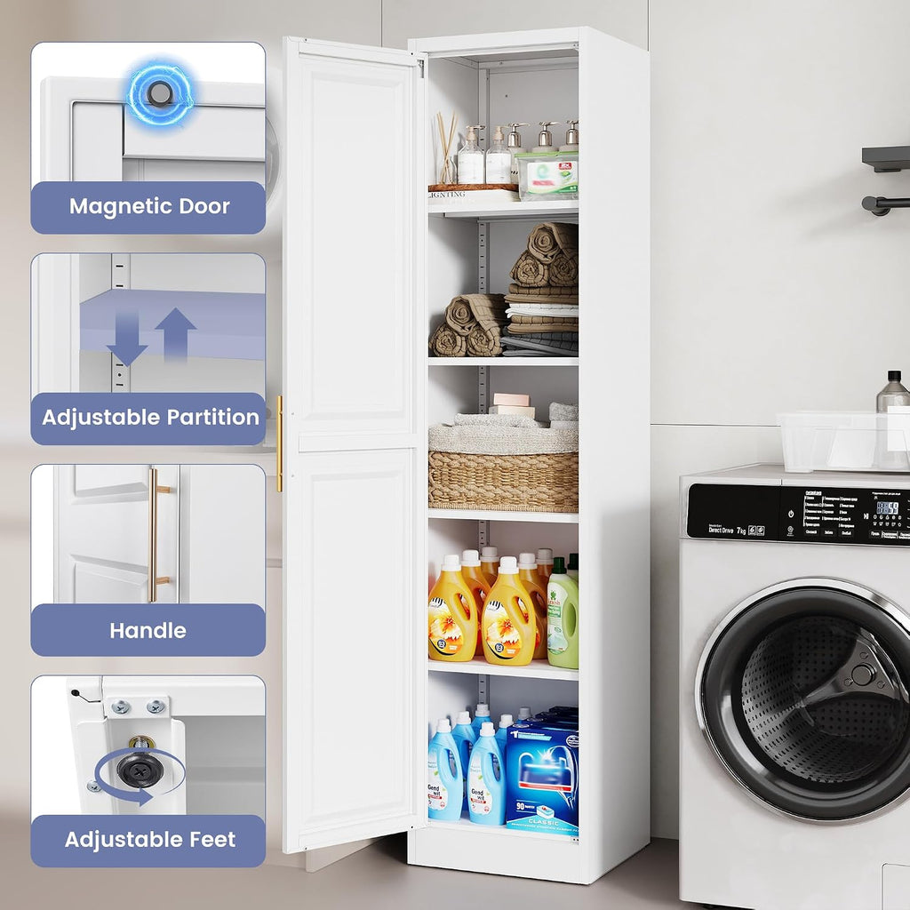 71''Tall Narrow Storage Cabinet Metal Bathroom Cabinet with Doors and 4 Adjustable Shelves, Slim Pantry Cabinets Cupboard for Small Space, Apartment, Bathroom, Kitchen, Laundry (White)