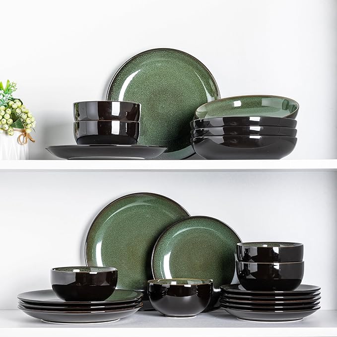 LeRatio Ceramic Dinnerware Sets for 6,Plates and Bowls Sets,Handmade Reactive Glaze Dishes Set,Chip Resistant and Scratch Resistant | Oven&Dishwasher & Microwave Safe,Service for 6-Green (18PCS)