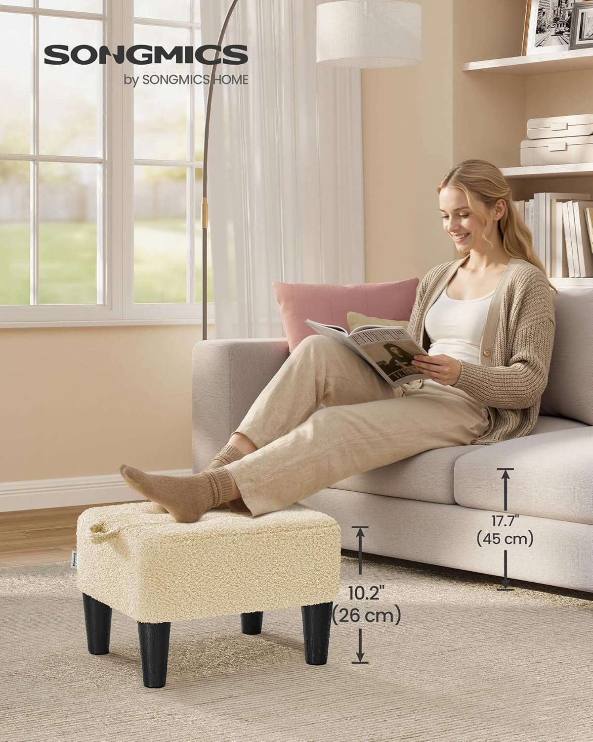 SONGMICS Foot Stool, Small Teddy Fleece Footstool Ottoman with Thick Cushion and Legs, for Living Room, Bedroom, Entryway, 330 lb Weight Capacity, Summer Sand and Ink Black ULOM503LF01