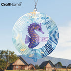 Personalized Hippocampus Wind Spinner 3D Stainless Steel, Hippocampus Garden Spinner Hanging Outdoor Decor, Wind Spinners Outdoor, Custom Gift for Grandmother, Mom, Wife