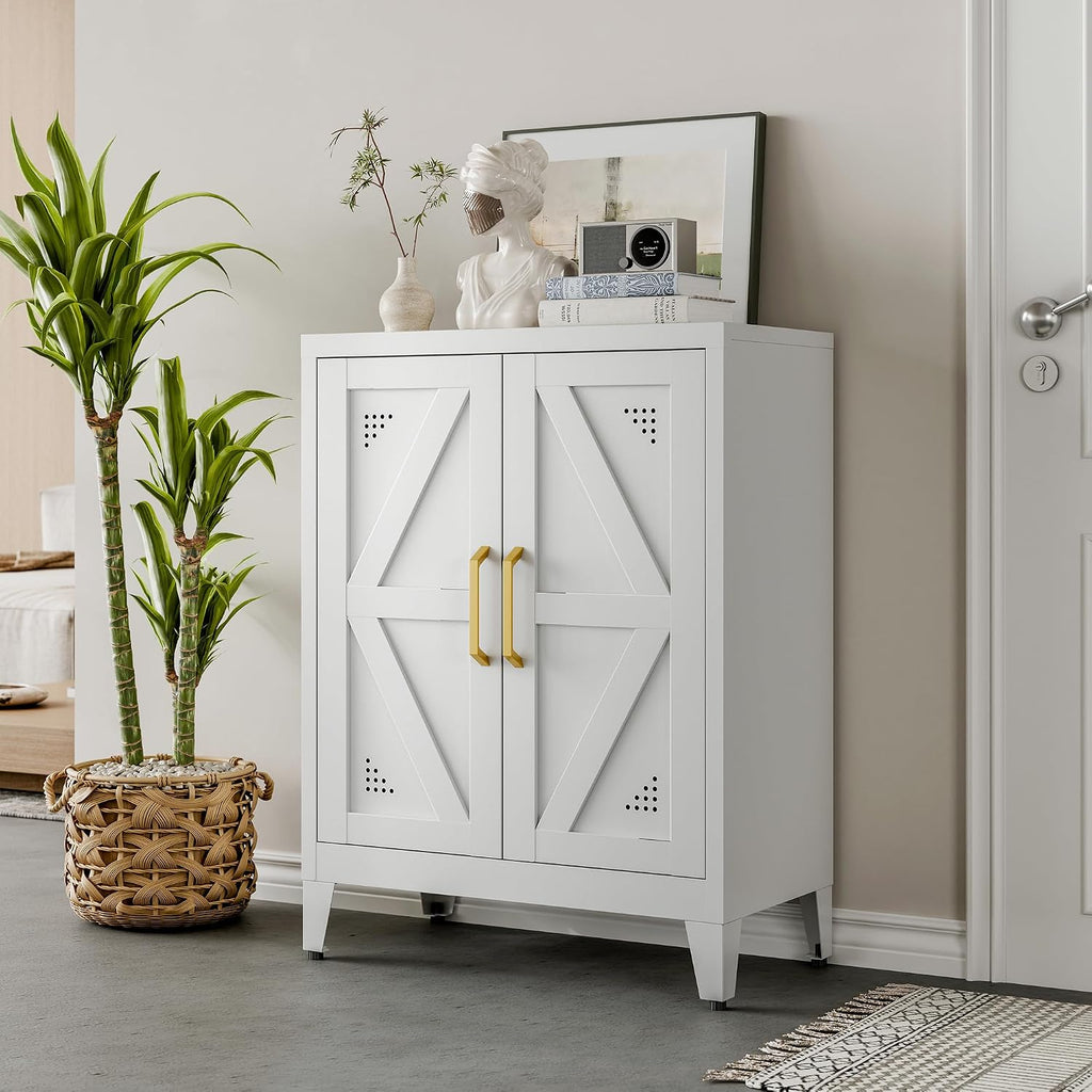 32" Metal Bathroom Storage Cabinet,Floor Storage Cabinet with 2 Doors and 2 Adjustable Shelves,Freestanding Sideboard for Small Spaces, Hallway, Dining Room,White