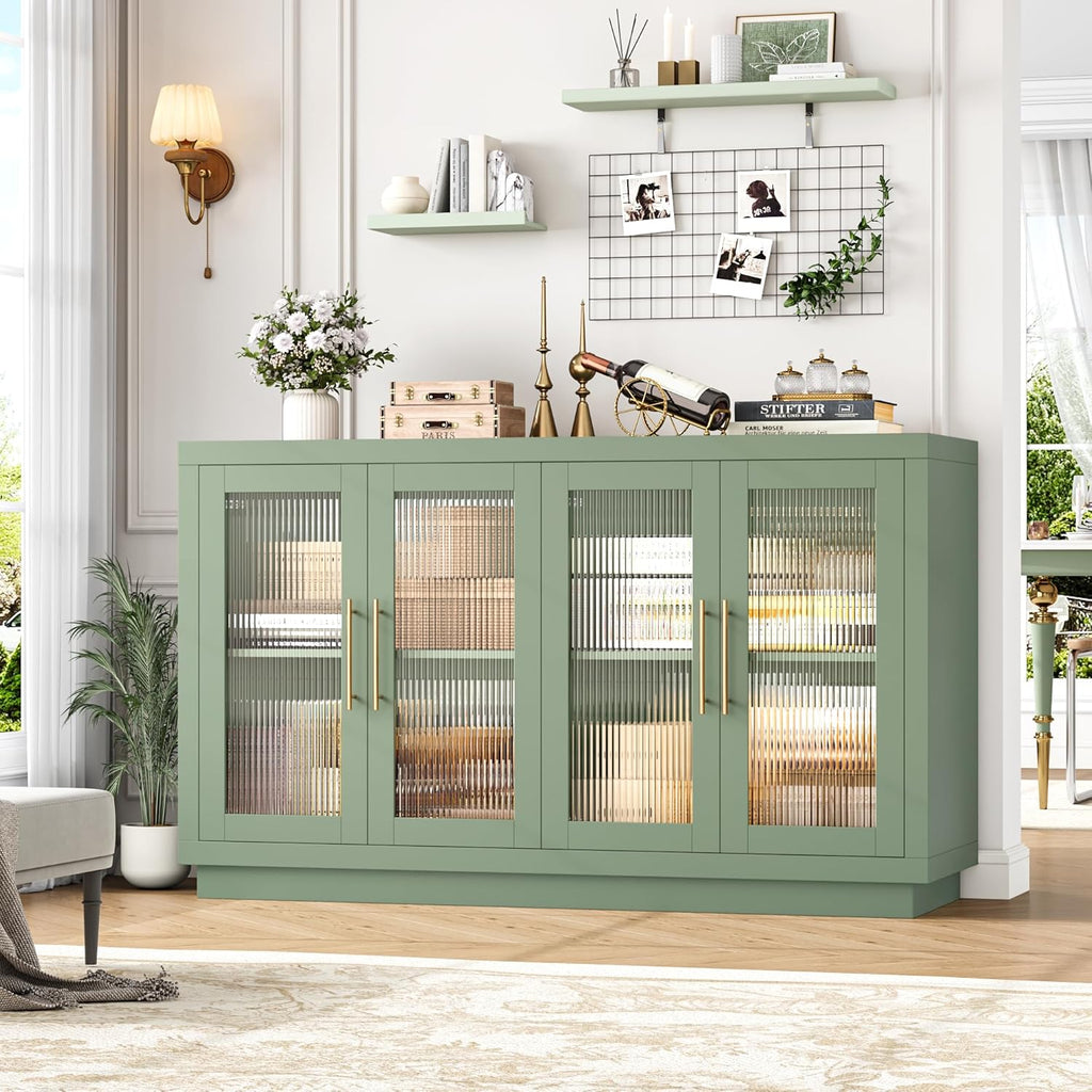 FOTOSOK Buffet Cabinet with Storage, 55.1" Large Sideboard Cabinets, Modern Sideboard Kitchen Cabinet with 4 Fluted Glass Doors, Wood Coffee Bar Buffet Table for Kitchen, Green